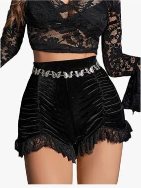 Black Lace-Trim Velvet High-Rise Shorts